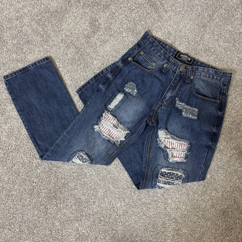 Brooklyn Xpress Jeans Mens 30x30 Blue Distressed Ripped USA Flag Straight Denim